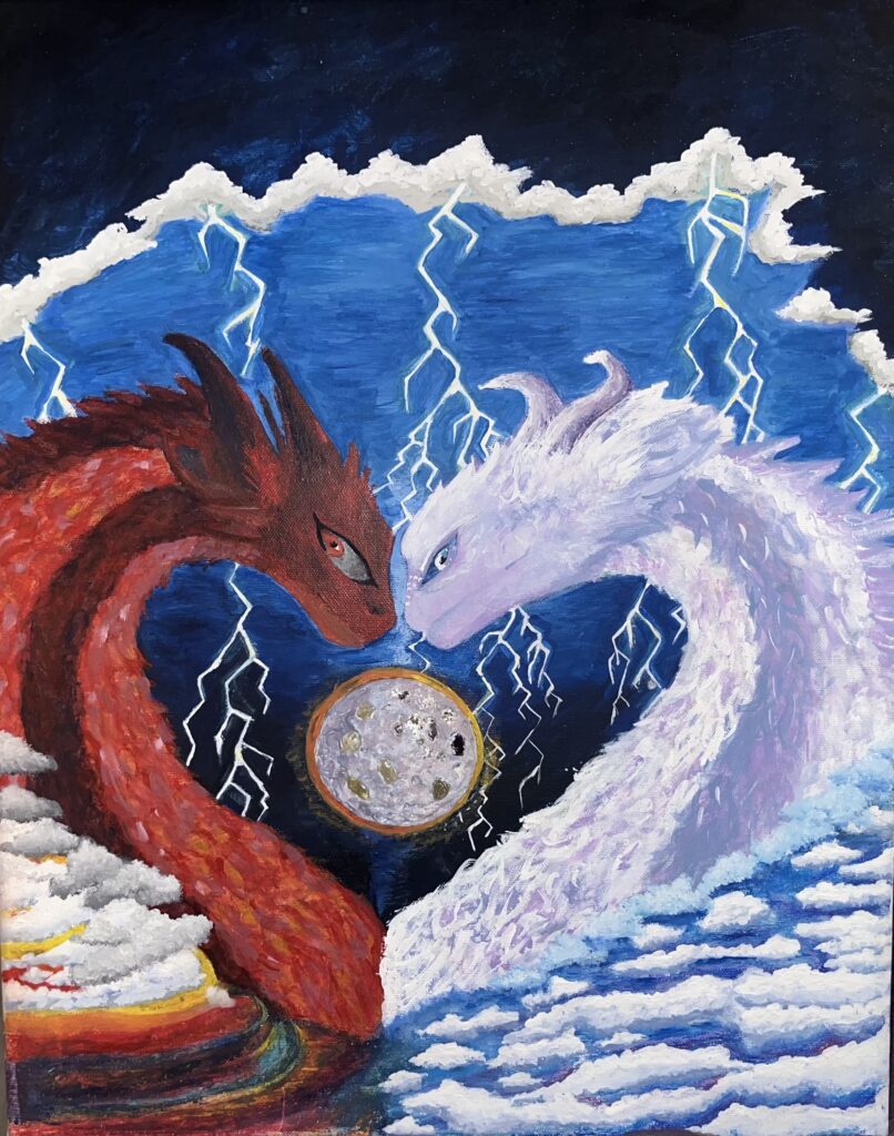 A red dragon and a white dragon facing each other  with a stormy backgtond