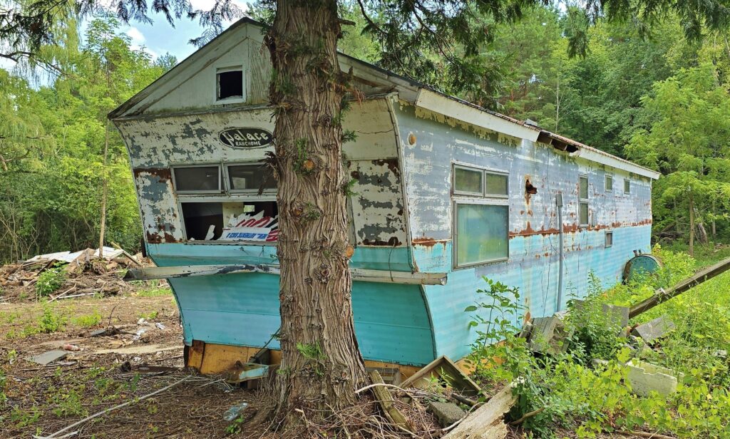 abandoned house trailer and tree