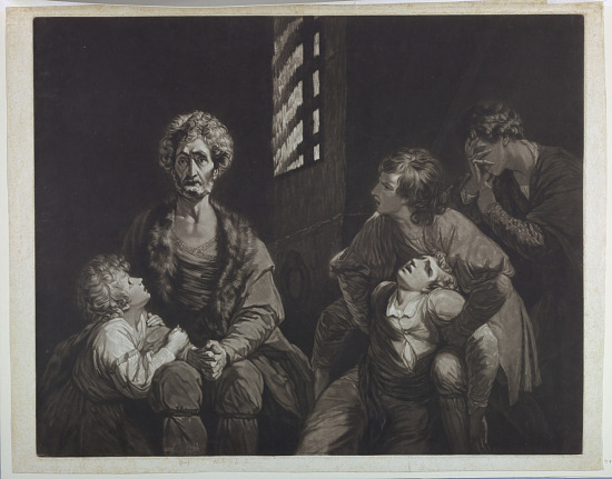 Five distressed people are in a dark prison cell.