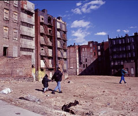 Boarded up apartment buildings in China