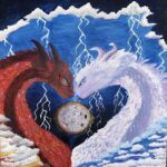 A red dragon and a white dragon facing each other with a stormy backgtond