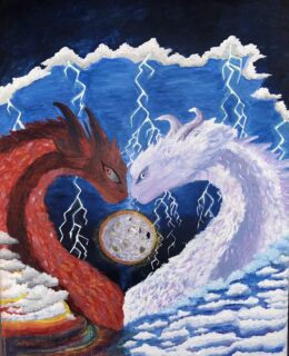 A red dragon and a white dragon facing each other with a stormy backgtond