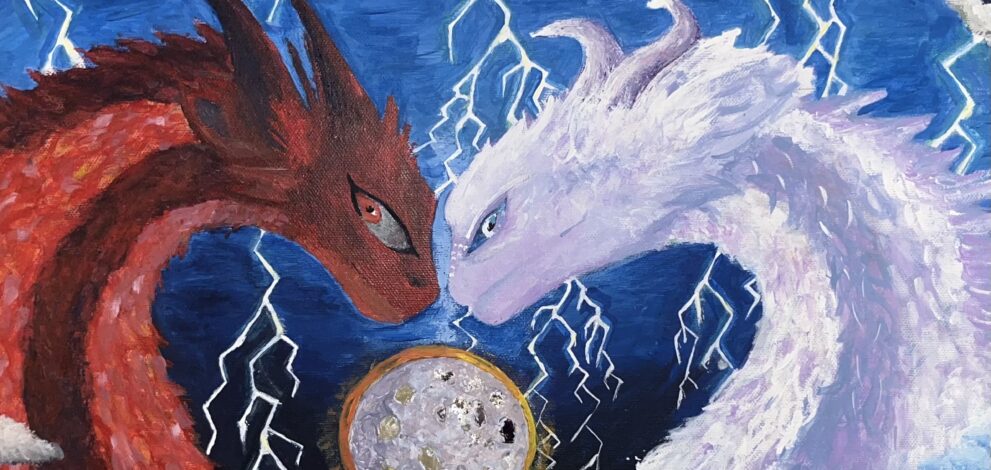A red dragon and a white dragon facing each other with a stormy backgtond