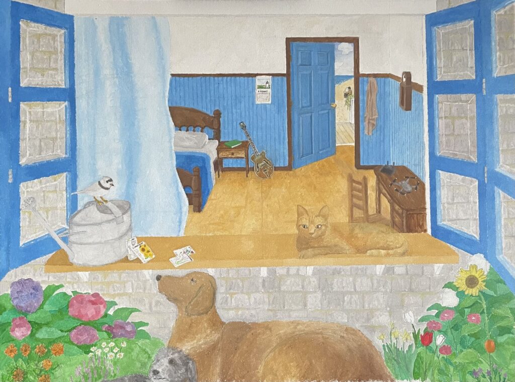A view through an open window into a bedroom. A cat on the windowsill, two dogs in the garden, and a bird atop a watering can occupy the foreground