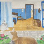 A view through an open window into a bedroom. A cat on the windowsill, two dogs in the garden, and a bird atop a watering can occupy the foreground