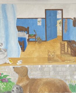 A view through an open window into a bedroom. A cat on the windowsill, two dogs in the garden, and a bird atop a watering can occupy the foreground