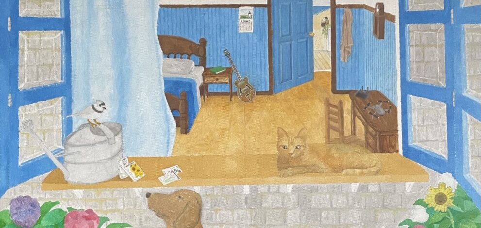 A view through an open window into a bedroom. A cat on the windowsill, two dogs in the garden, and a bird atop a watering can occupy the foreground