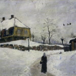 a woman walking towards a house in winter