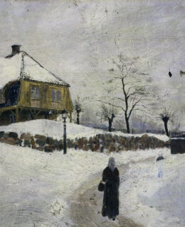 a woman walking towards a house in winter