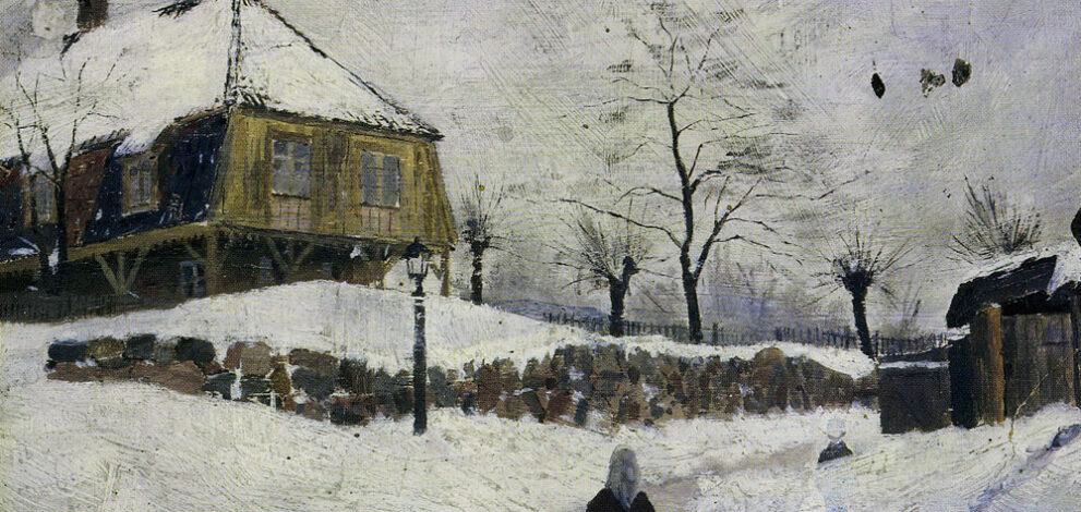 a woman walking towards a house in winter
