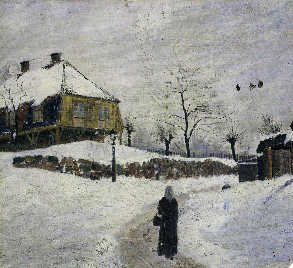 a woman walking towards a house in winter
