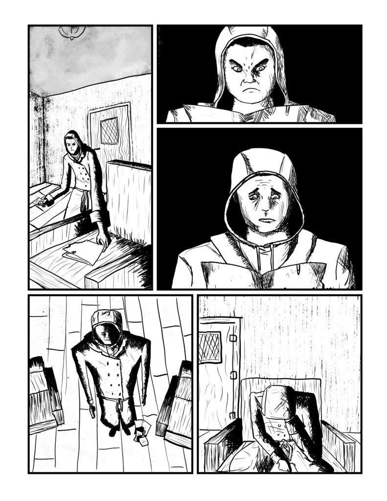 Panel 1: The first figure reaches down for the file folder.

Panel 2: He reads the file, face still in a scowl.

Panel 3: His face softens and drops.

Panel 4: The figure drops the contents of the file on the floor.

Panel 5: He sits down in a chair and covers his face with his hand.
