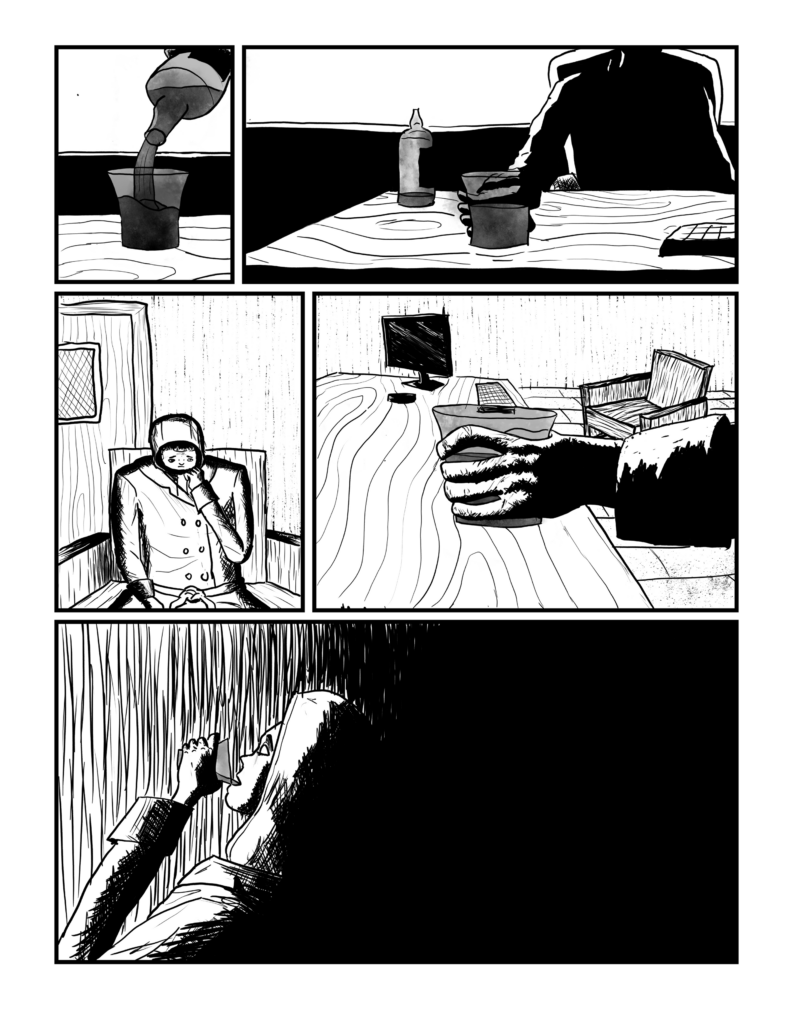 Panel 1: A bottle pours liquid into a glass.

Panel 2: The second figure holds the glass.

Panel 3: The first figure looks up at the second figure.

Panel 4: The glass is offered to the first figure.

Panel 5: The first figure drinks the liquid in the glass.