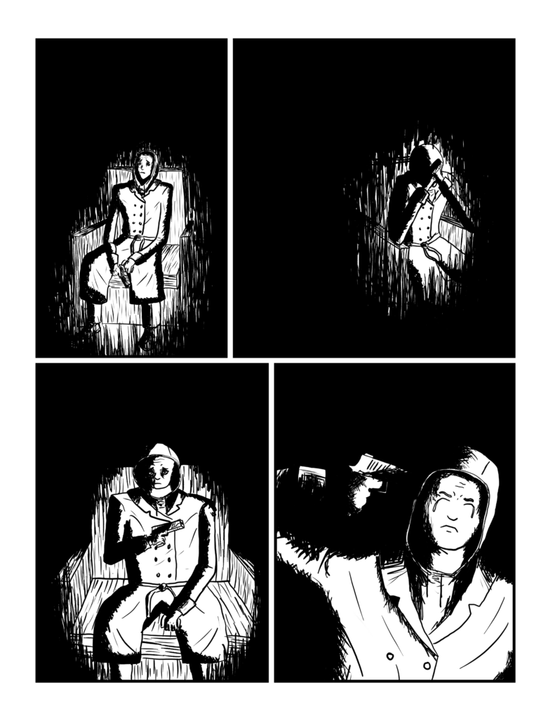 The panels have gotten much darker with only a small ring of light around the first figure.

Panel 1: He sits, looking defeated.

Panel 2: He puts his face in his hands.

Panel 3: He holds the gun parallel to his chest.

Panel 4: The figure points the gun at his own head, eyes closed, tears falling from his eyes.
