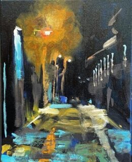A dark-hued painting street scene