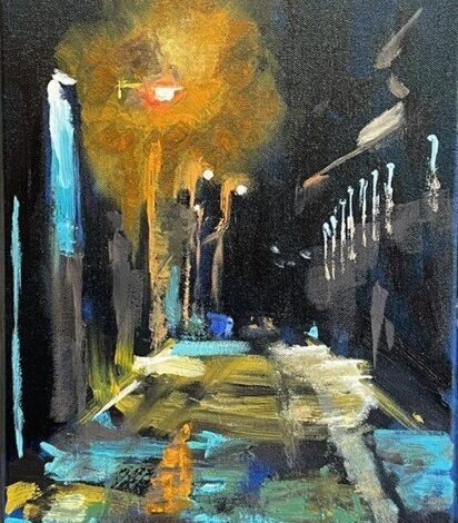 A dark-hued painting street scene