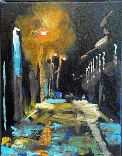 A dark-hued painting street scene