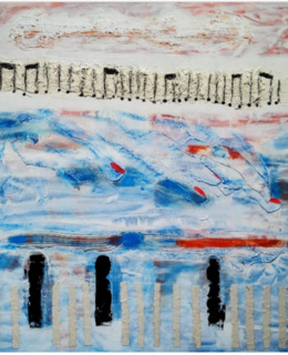 Abstract painting with blue waves and a white background