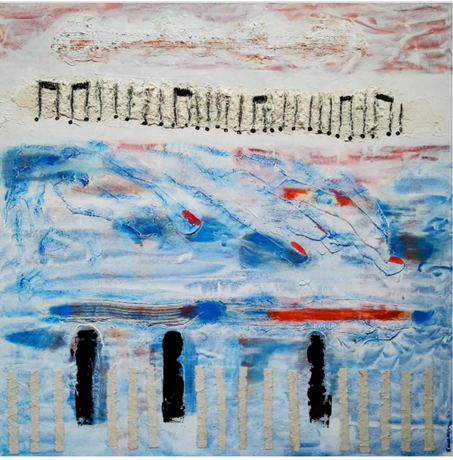 Abstract painting with blue waves and a white background