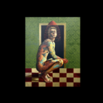 Angela Ales painting "The Weight of Prejudice" - a naked man with paint blotched skin, crouching, a cage on his head