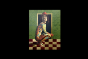 Angela Ales painting "The Weight of Prejudice" - a naked man with paint blotched skin, crouching, a cage on his head