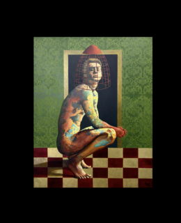 Angela Ales painting "The Weight of Prejudice" - a naked man with paint blotched skin, crouching, a cage on his head