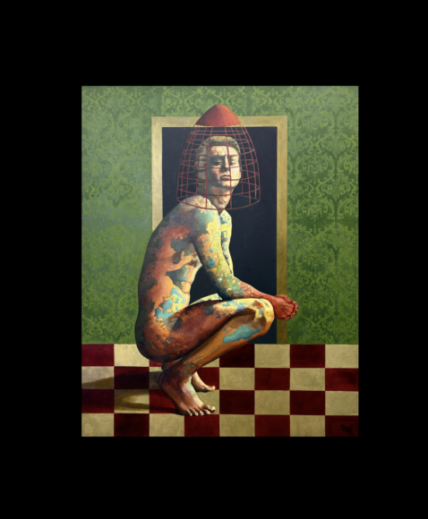Angela Ales painting "The Weight of Prejudice" - a naked man with paint blotched skin, crouching, a cage on his head