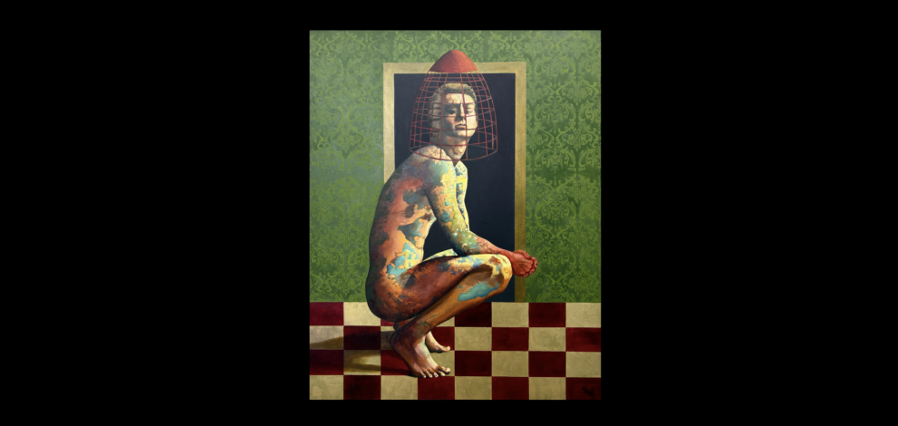 Angela Ales painting "The Weight of Prejudice" - a naked man with paint blotched skin, crouching, a cage on his head