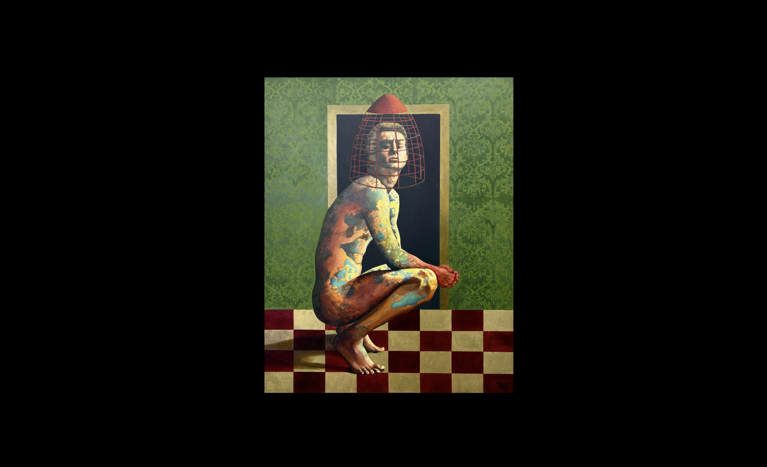Angela Ales painting "The Weight of Prejudice" - a naked man with paint blotched skin, crouching, a cage on his head
