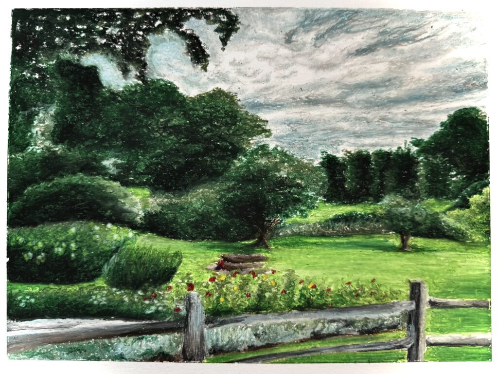 There's a field on the other side of a wooden fence. Trees and shrubs break up the grassy field.