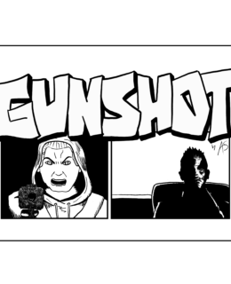Two panels, each depicting a different person. The person in the left panel is in light and is pointing a gun forward, the person in the right is in shadow. Above the two panels is the title GUNSHOT in graffiti style lettering.