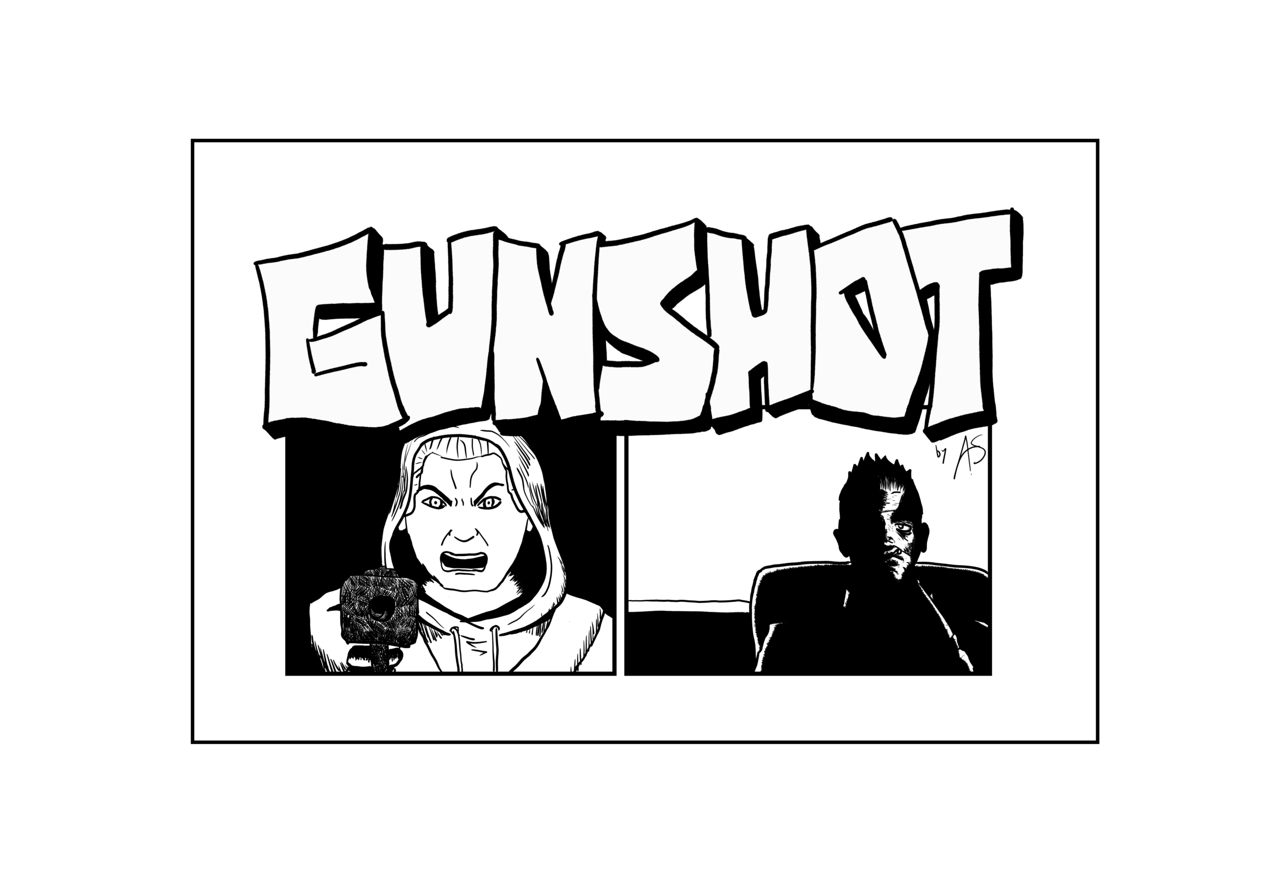 Two panels, each depicting a different person. The person in the left panel is in light and is pointing a gun forward, the person in the right is in shadow. Above the two panels is the title GUNSHOT in graffiti style lettering.
