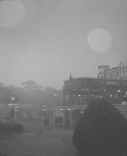 Buildings shrouded in fog.