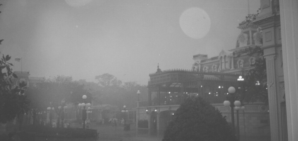 Buildings shrouded in fog.