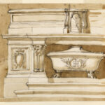 a pen and ink wash rendering of an altar