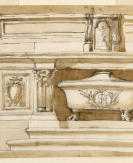 a pen and ink wash rendering of an altar