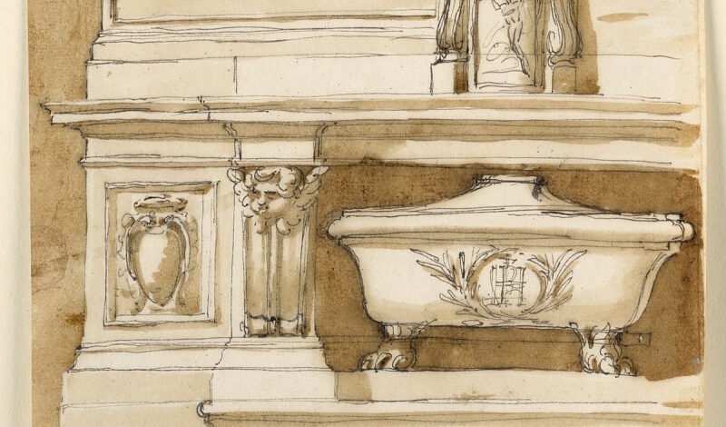 a pen and ink wash rendering of an altar