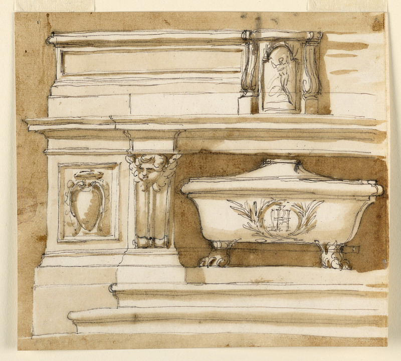 a pen and ink wash rendering of an altar