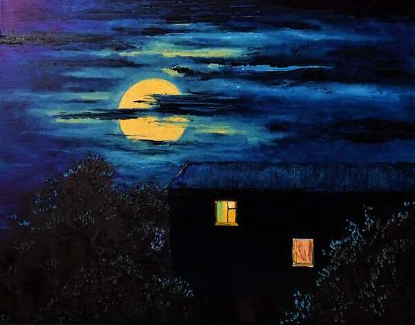 a house late at night with light coming from the windows