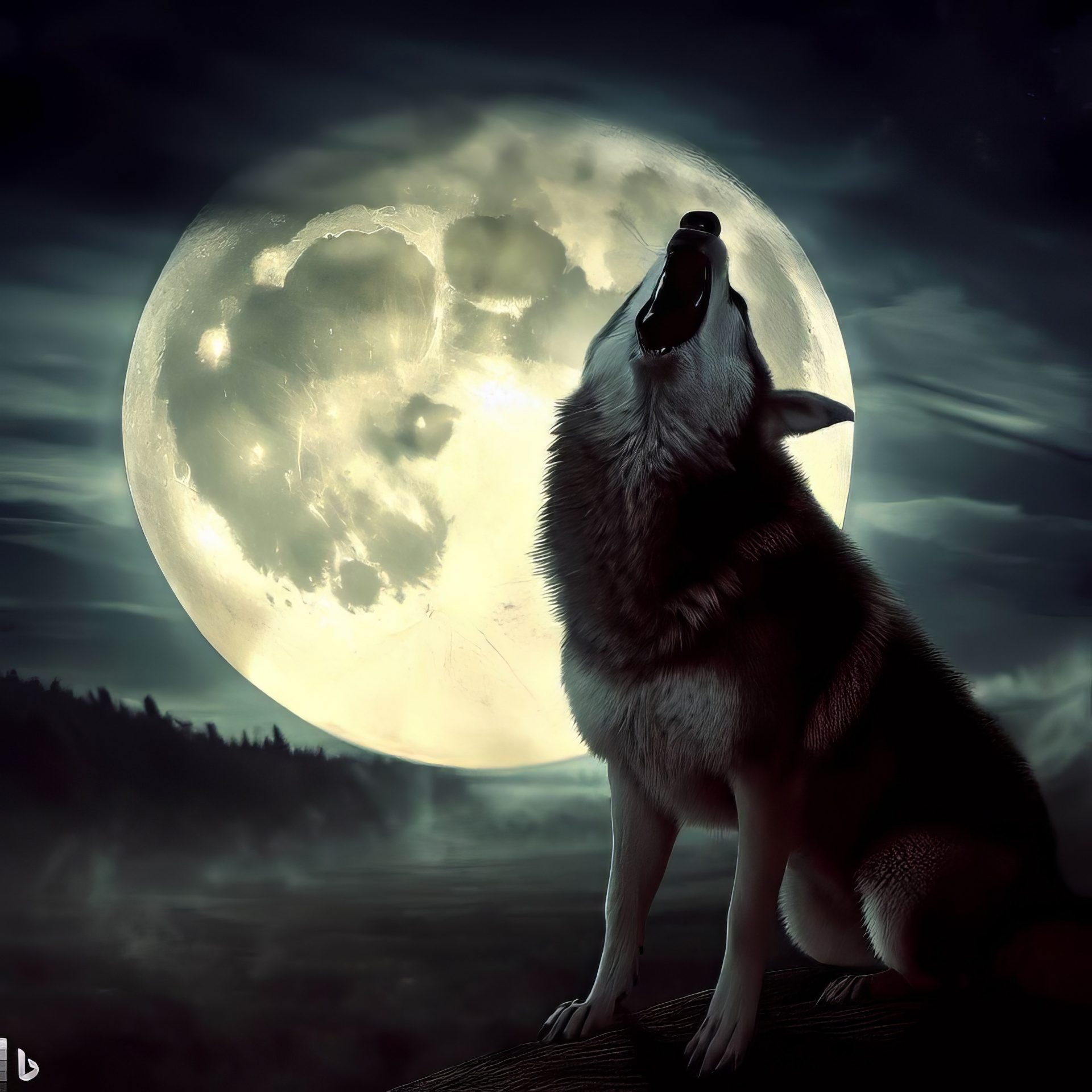 dog or wolf howling with large moon behind